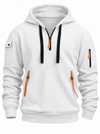 Quarter-zip hoodie voor heren met ritszakken in contrastkleur - wit