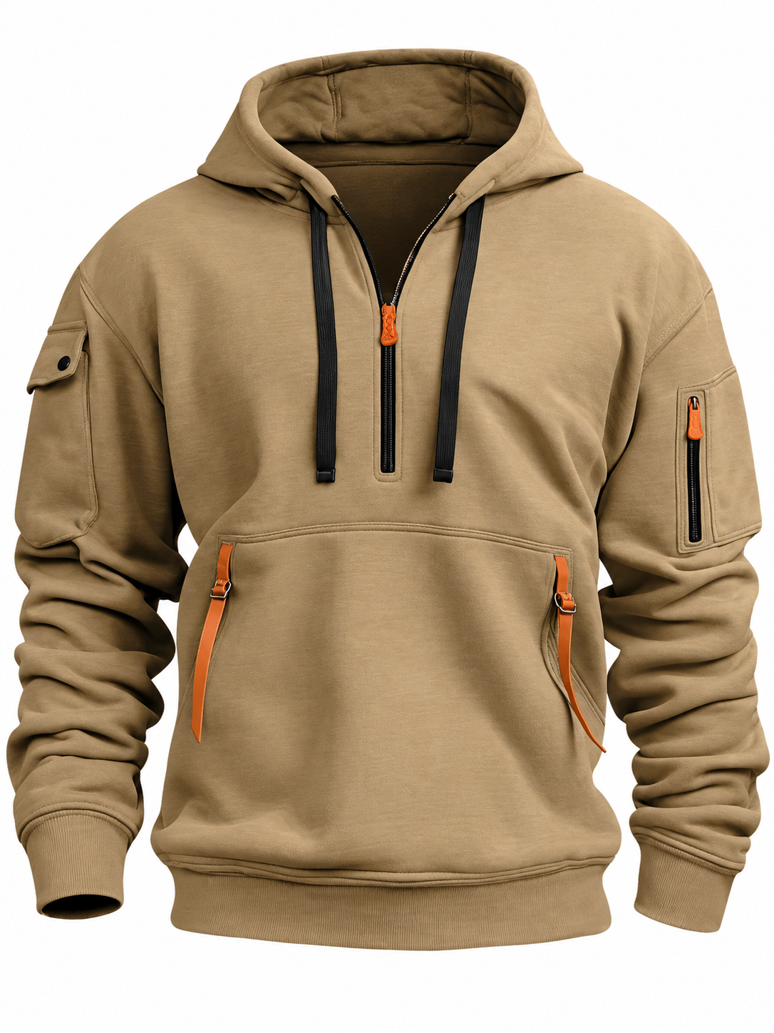 Quarter-zip hoodie voor heren met ritszakken in contrastkleur - zand