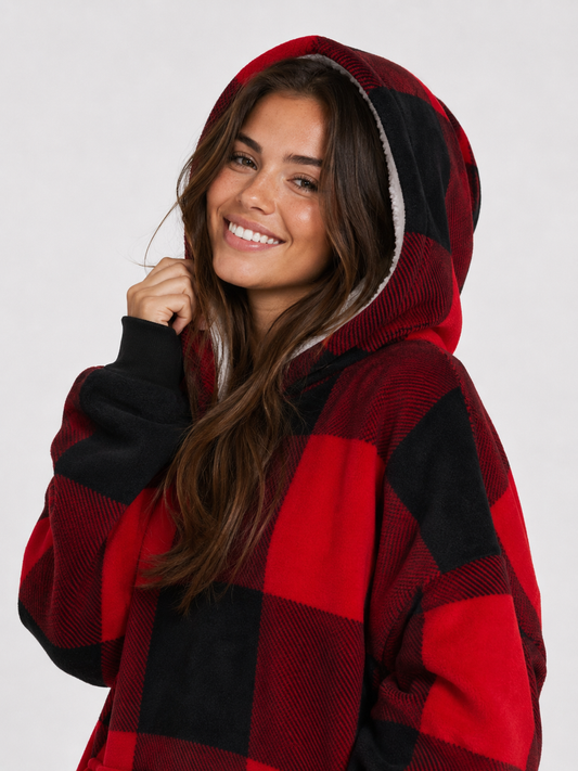Oversized hoodie deken in rood-zwarte ruit met buikzak