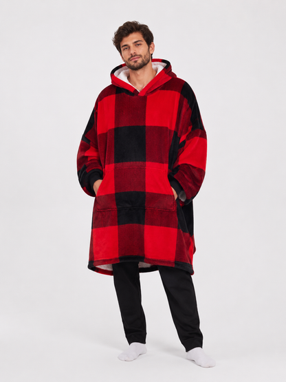 Oversized hoodie deken in rood-zwarte ruit met buikzak