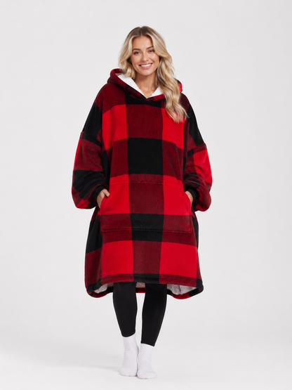 Oversized hoodie deken in rood-zwarte ruit met buikzak