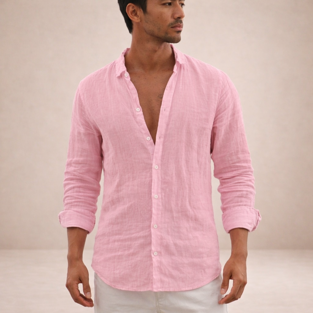 Regular fit herenoverhemd in linnenlook met lange mouw, kleine kraag en witte knopen