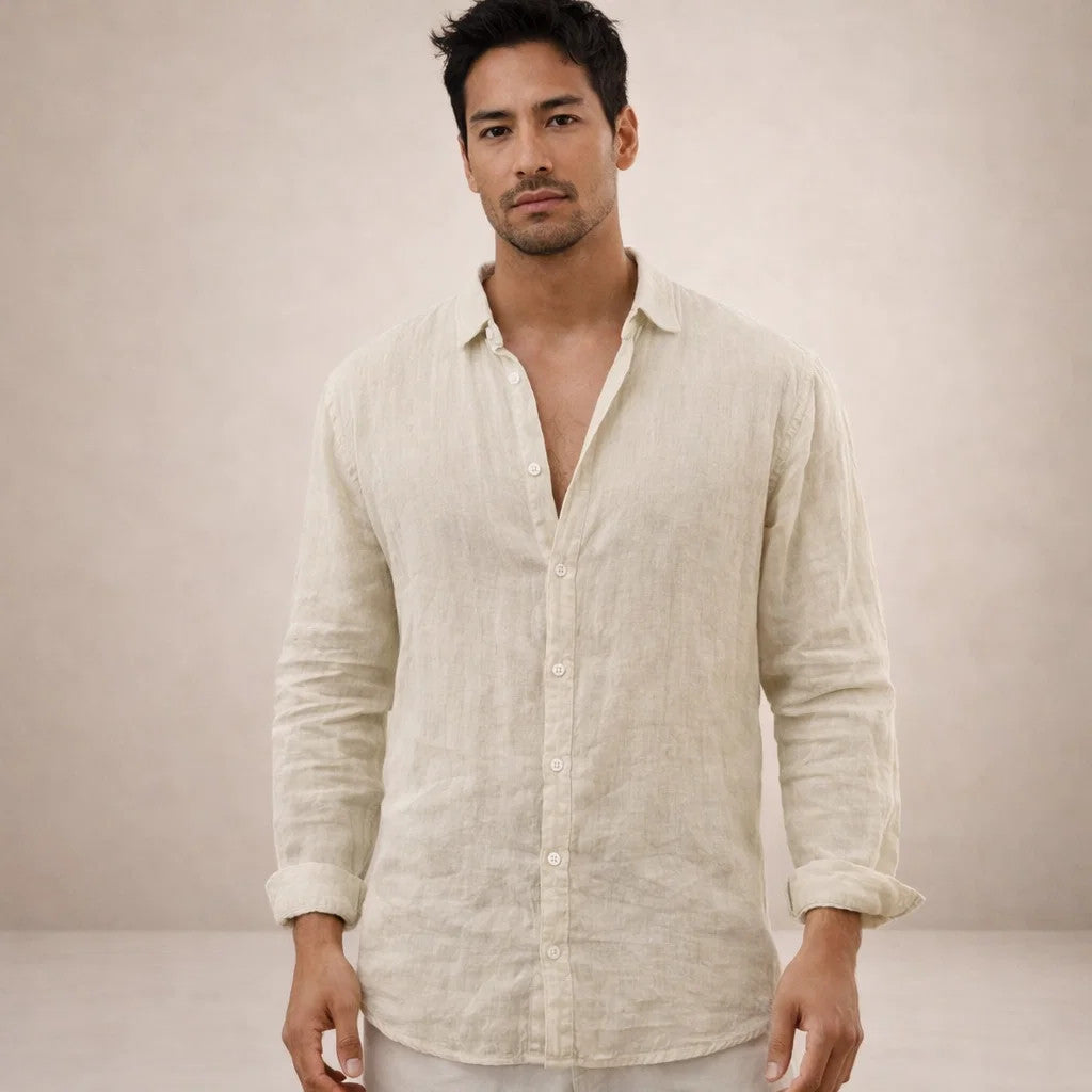 Regular fit herenoverhemd in linnenlook met lange mouw, kleine kraag en witte knopen