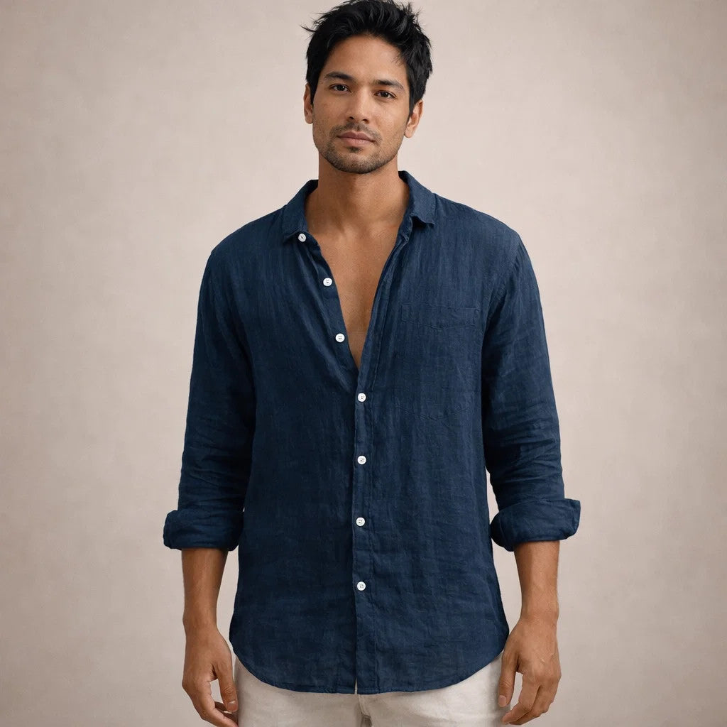 Regular fit herenoverhemd in linnenlook met lange mouw, kleine kraag en witte knopen
