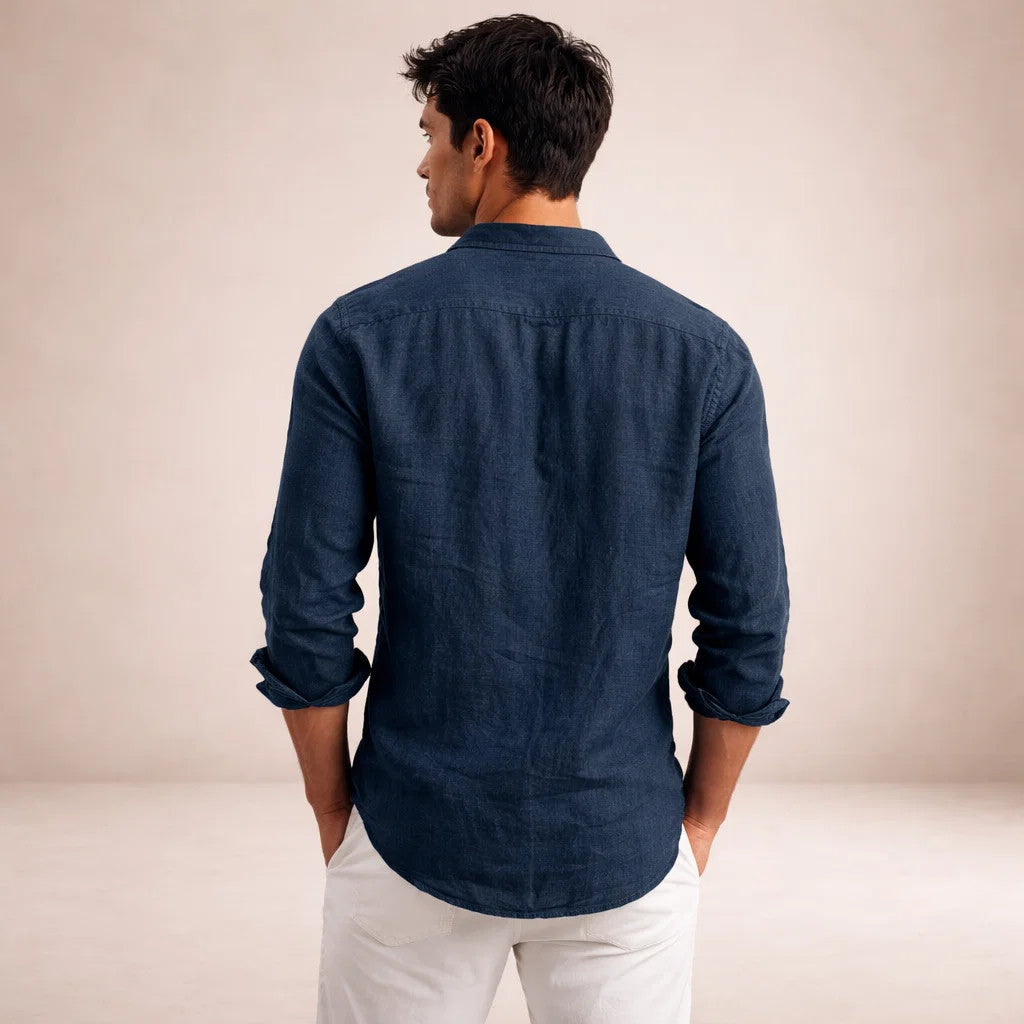 Regular fit herenoverhemd in linnenlook met lange mouw, kleine kraag en witte knopen