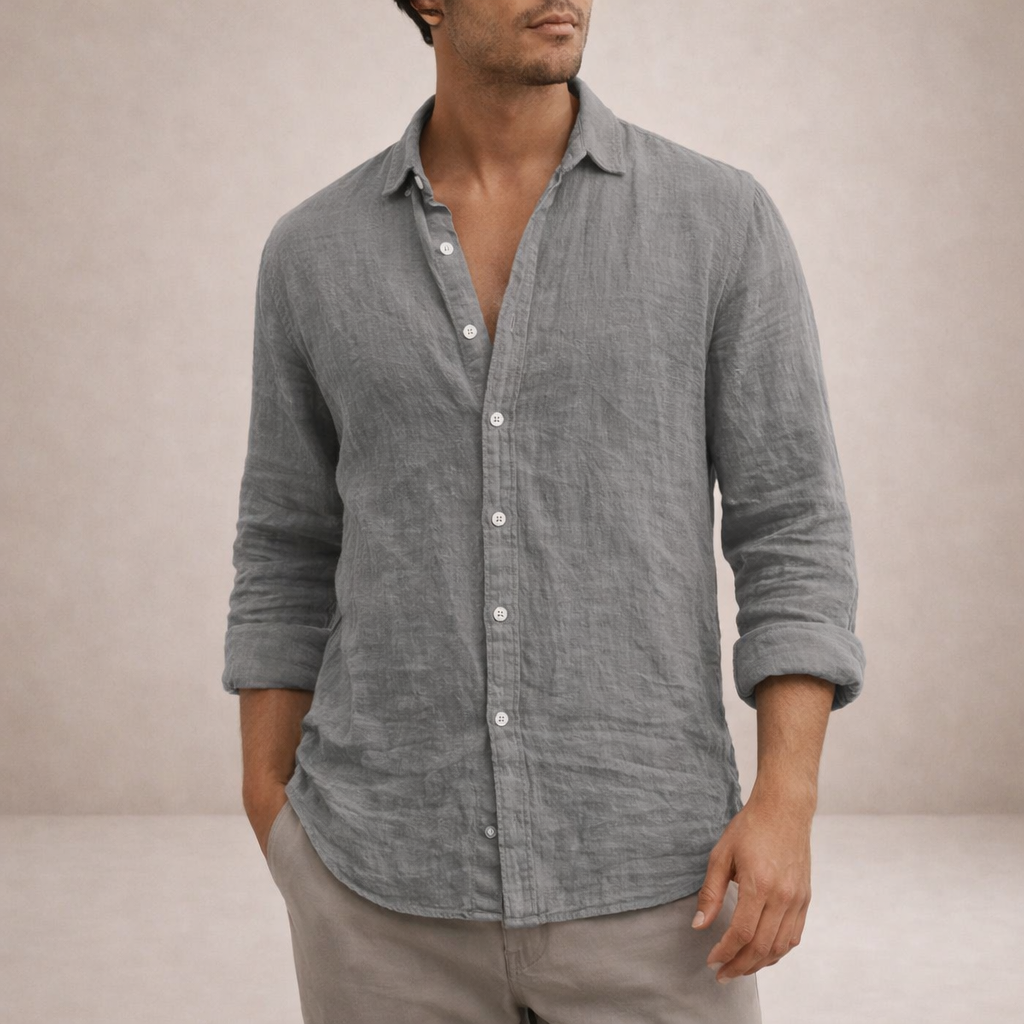 Regular fit herenoverhemd in linnenlook met lange mouw, kleine kraag en witte knopen - grijs