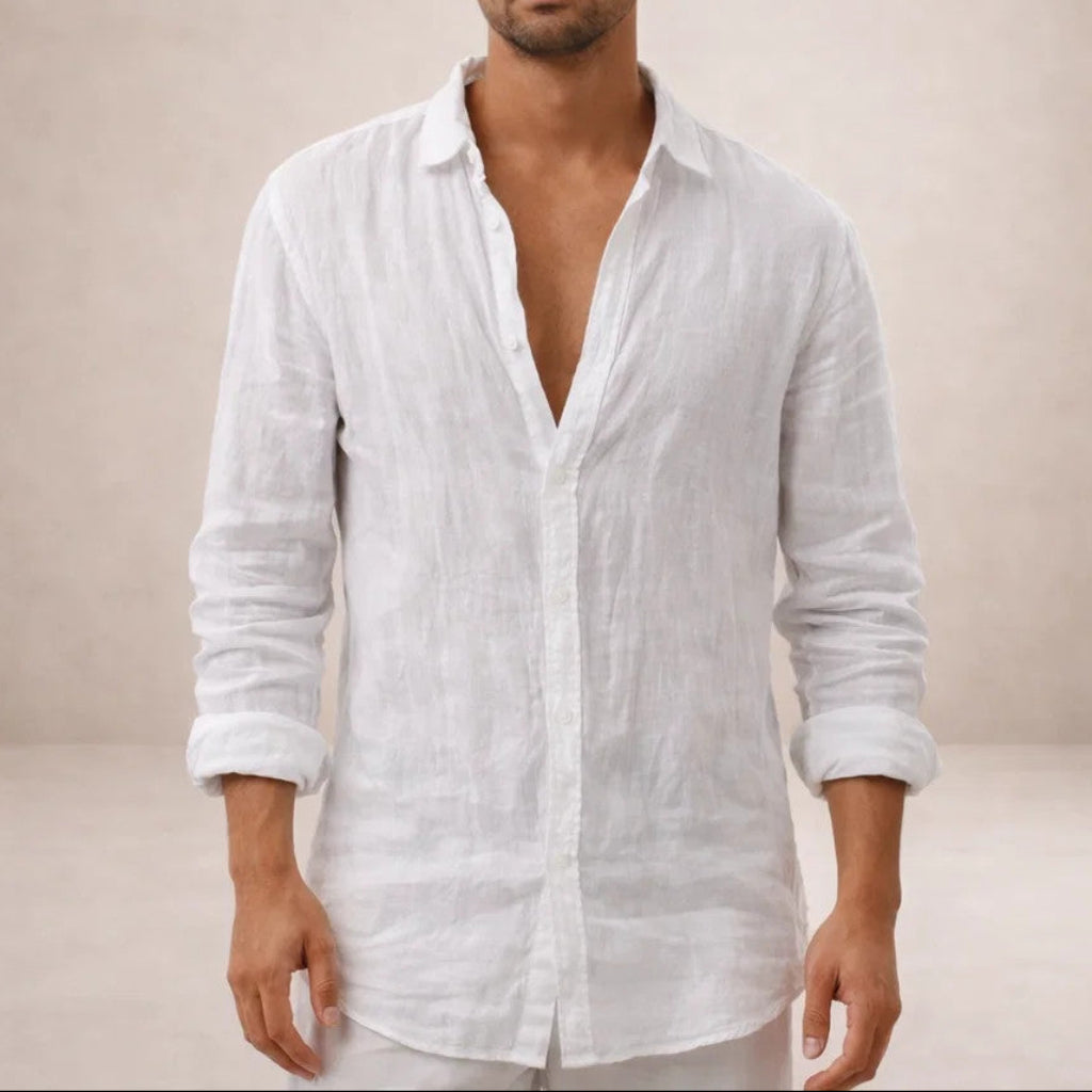 Regular fit herenoverhemd in linnenlook met lange mouw, kleine kraag en witte knopen - wit