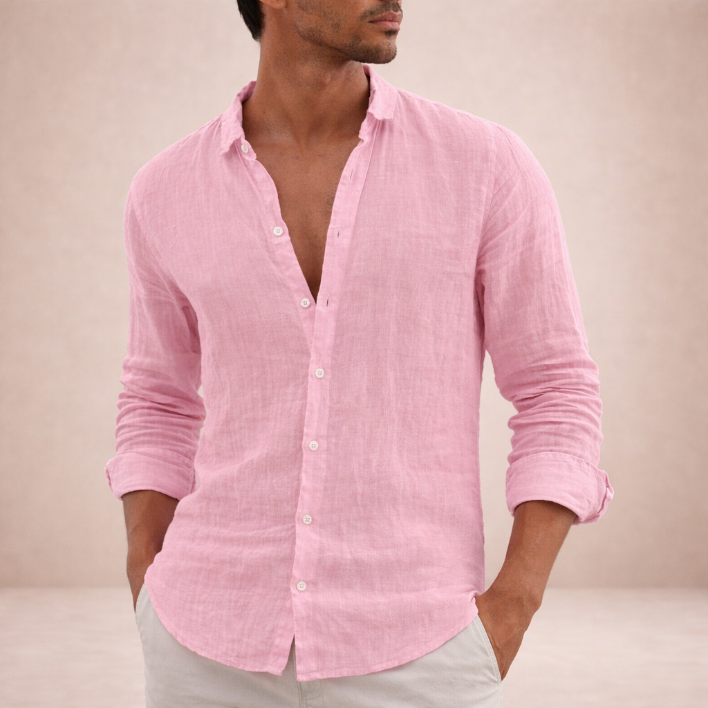 Regular fit herenoverhemd in linnenlook met lange mouw, kleine kraag en witte knopen - roze