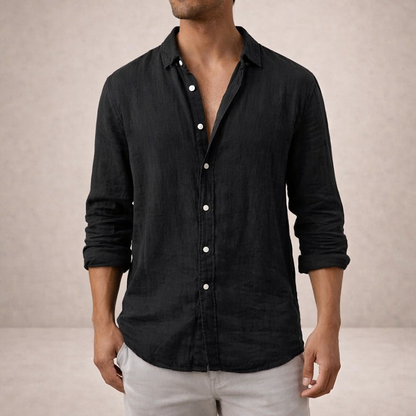 Regular fit herenoverhemd in linnenlook met lange mouw, kleine kraag en witte knopen - zwart