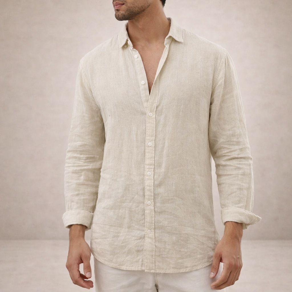 Regular fit herenoverhemd in linnenlook met lange mouw, kleine kraag en witte knopen - ecru