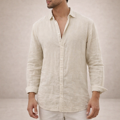 Regular fit herenoverhemd in linnenlook met lange mouw, kleine kraag en witte knopen - ecru