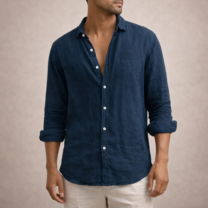 Regular fit herenoverhemd in linnenlook met lange mouw, kleine kraag en witte knopen - marineblauw