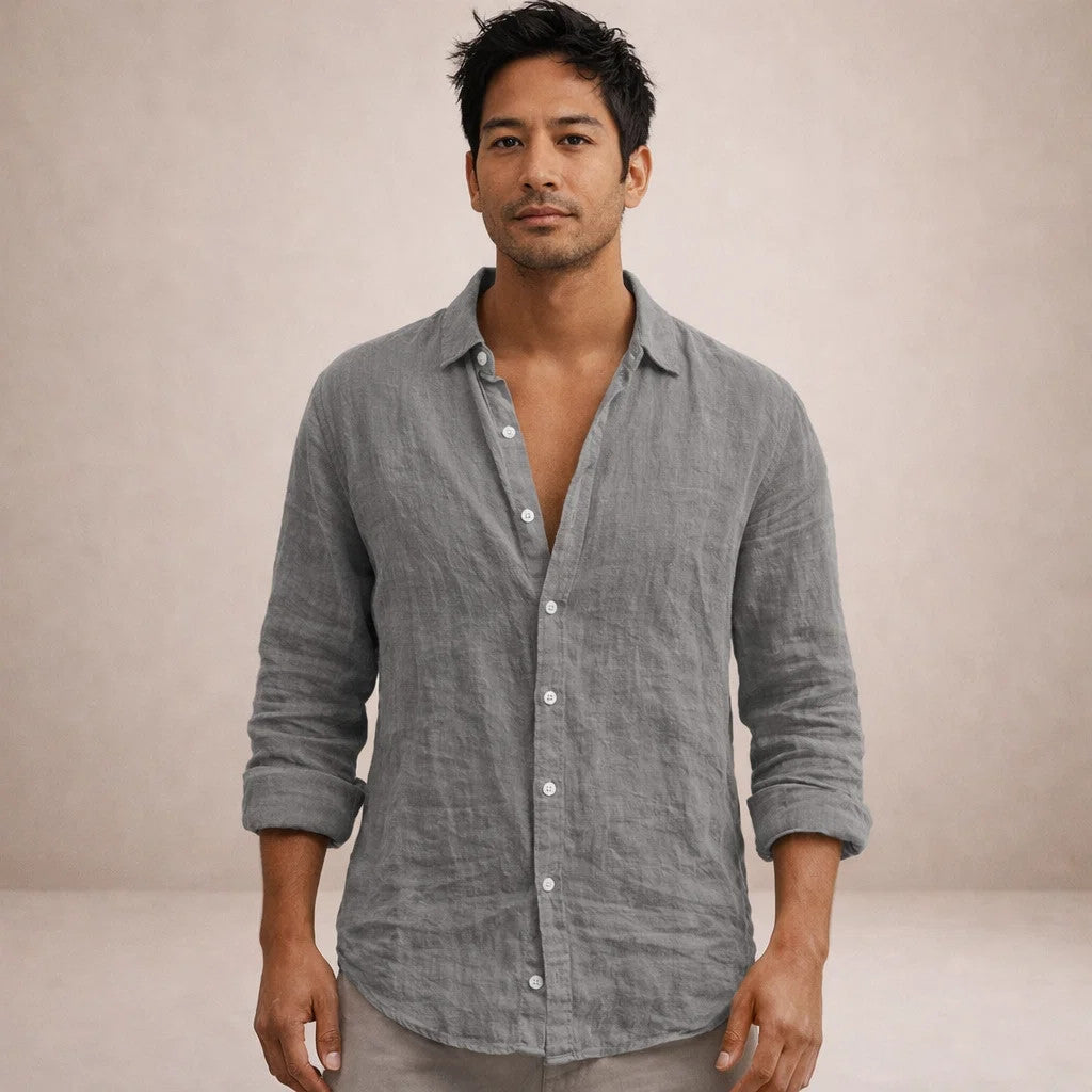 Regular fit herenoverhemd in linnenlook met lange mouw, kleine kraag en witte knopen