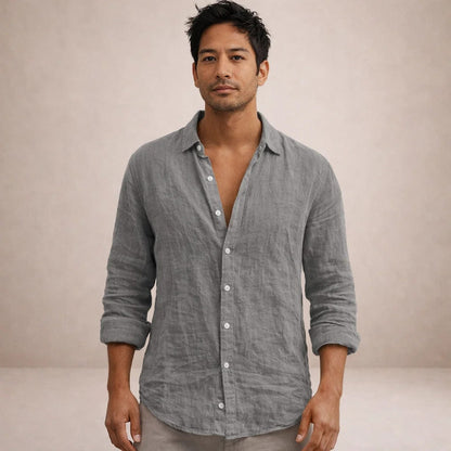 Regular fit herenoverhemd in linnenlook met lange mouw, kleine kraag en witte knopen