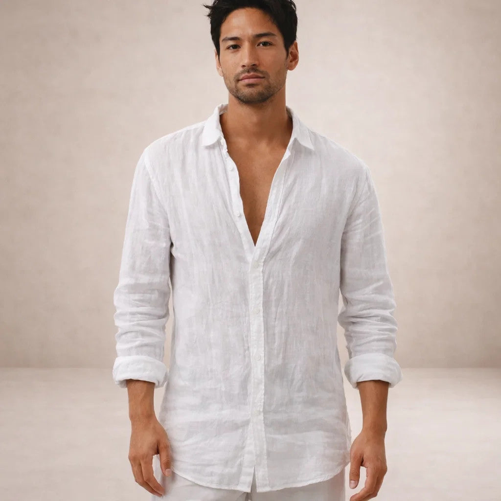 Regular fit herenoverhemd in linnenlook met lange mouw, kleine kraag en witte knopen