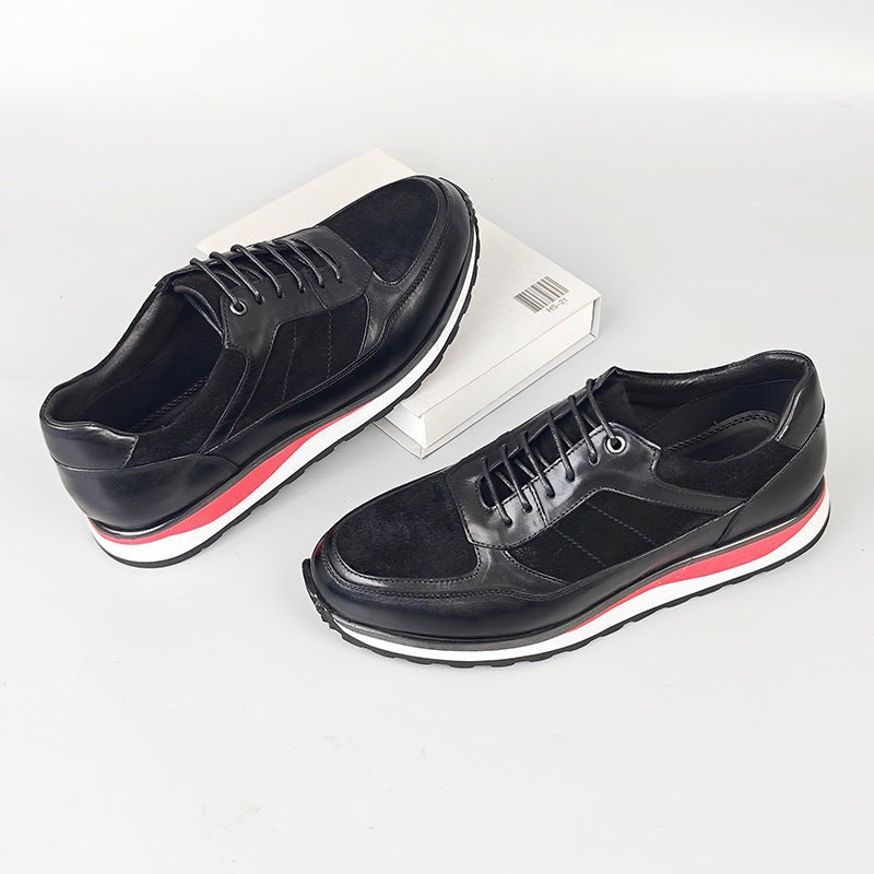 Retro herensneakers in leerlook met patina, matte panelen en een rode streep in de tussenzool - zwart
