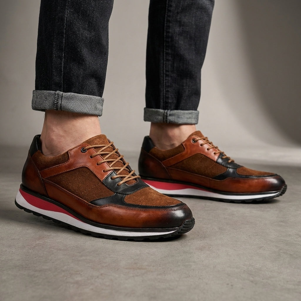 Retro herensneakers in leerlook met patina, matte panelen en een rode streep in de tussenzool - beeld 8