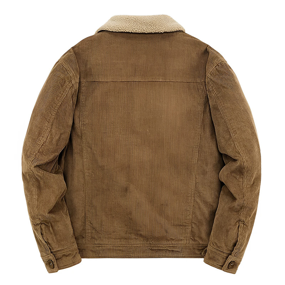 Achterkant van het ribfluwelen jack in camel