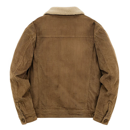 Achterkant van het ribfluwelen jack in camel