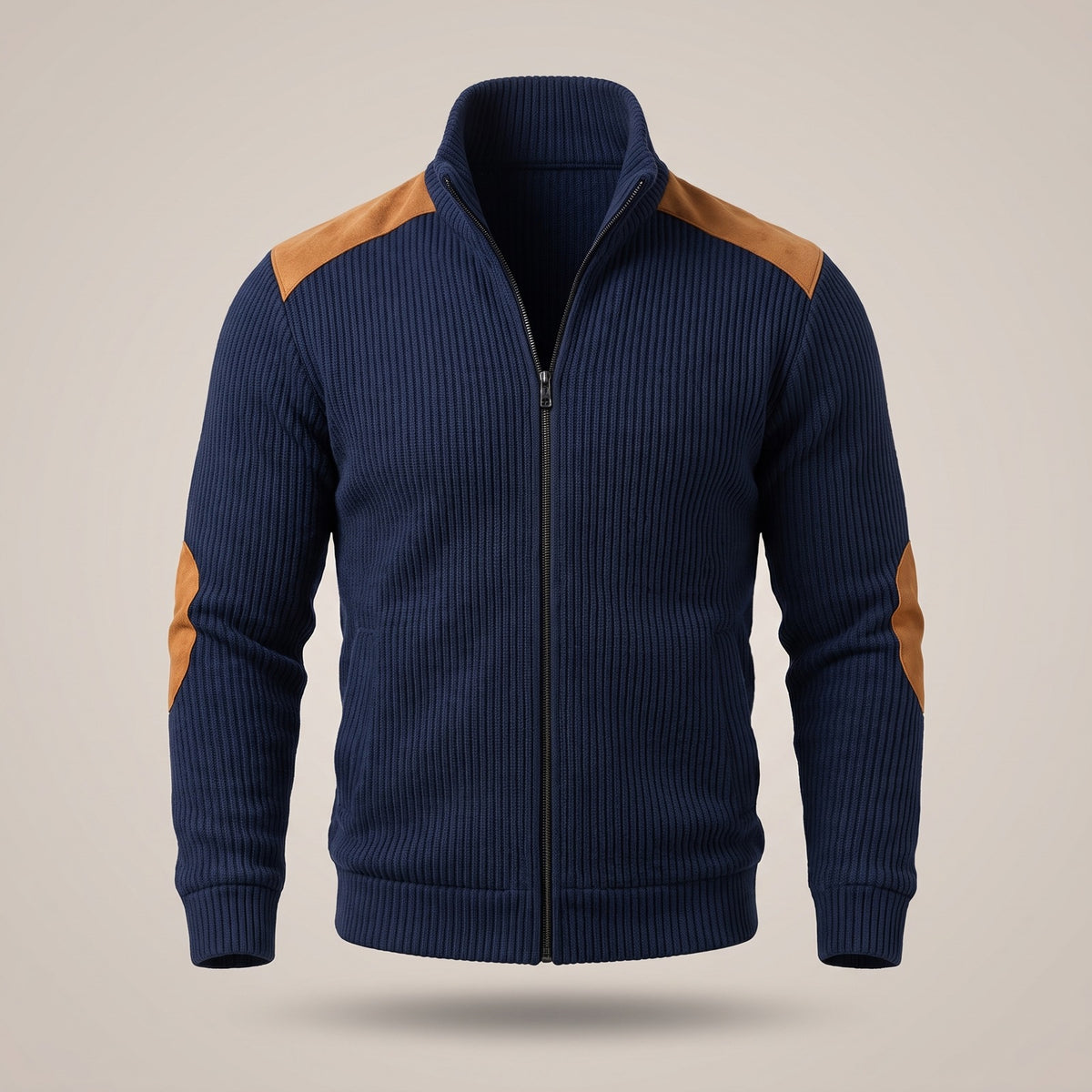 Ribgebreid herenvest met rits en elleboogstukken in suède look - marineblauw