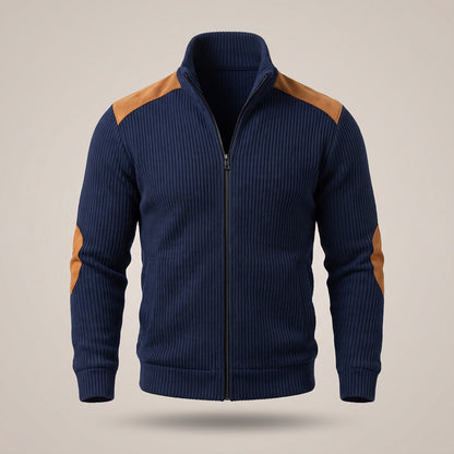 Ribgebreid herenvest met rits en elleboogstukken in suède look - marineblauw