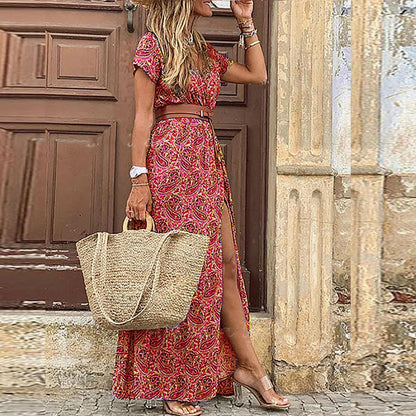 Luchtige boho maxi jurk dames met ceintuur - vrouwelijke lange zomerjurk