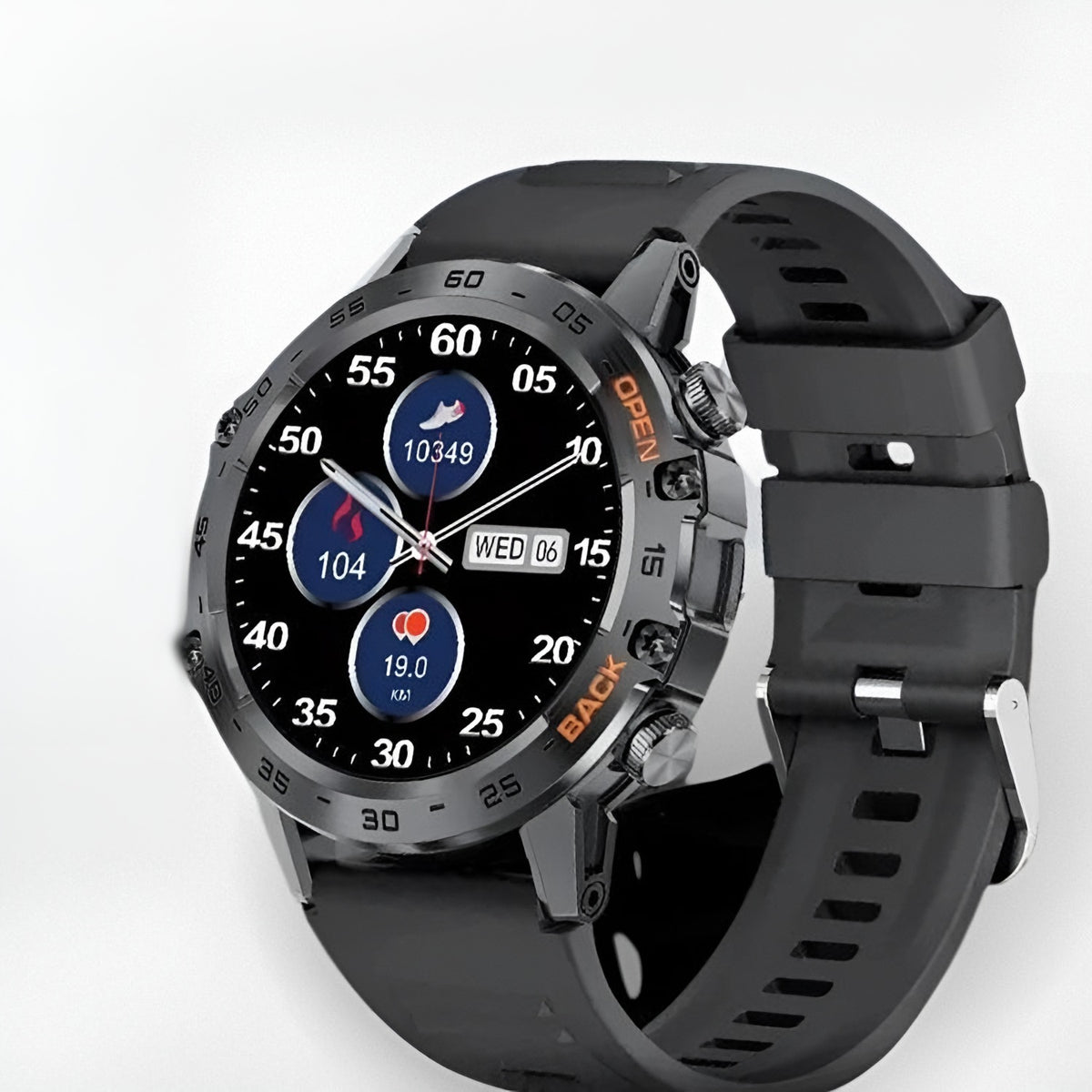 Robuuste heren smartwatch met rond scherm en zwarte siliconen band