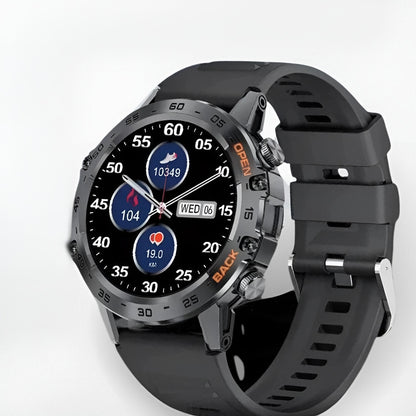 Robuuste heren smartwatch met rond scherm en zwarte siliconen band