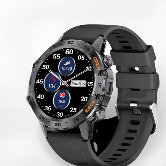 Robuuste heren smartwatch met rond scherm en zwarte siliconen band