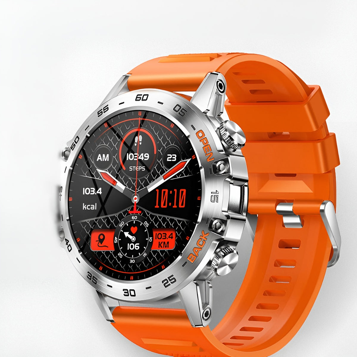 Robuuste heren smartwatch met rond scherm en oranje siliconen band