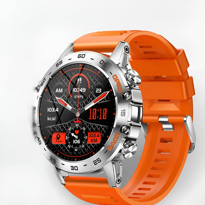 Robuuste heren smartwatch met rond scherm en oranje siliconen band