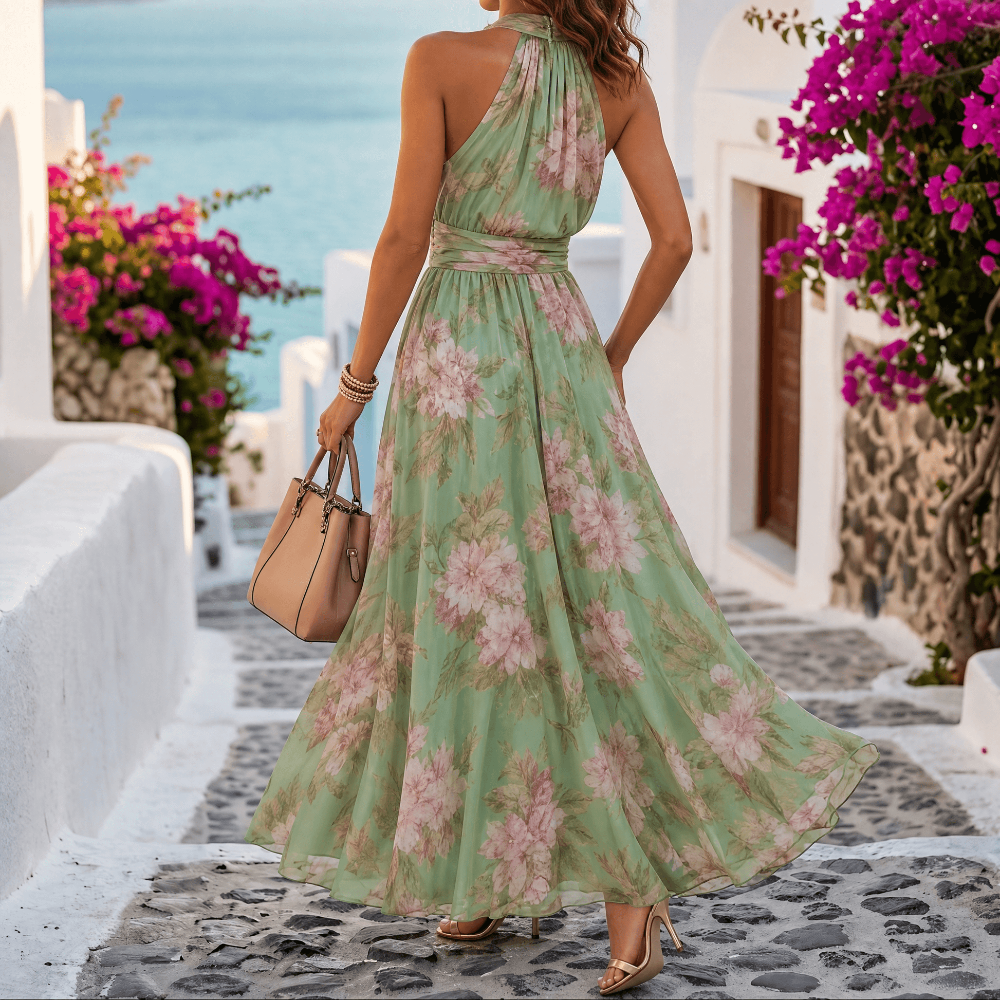 Halter maxi-jurk dames met bloemenprint - detailfoto