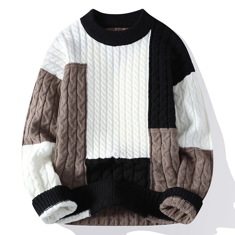 Ruime herentrui met kabelpatroon en patchwork van kleurvlakken - zwart/taupe