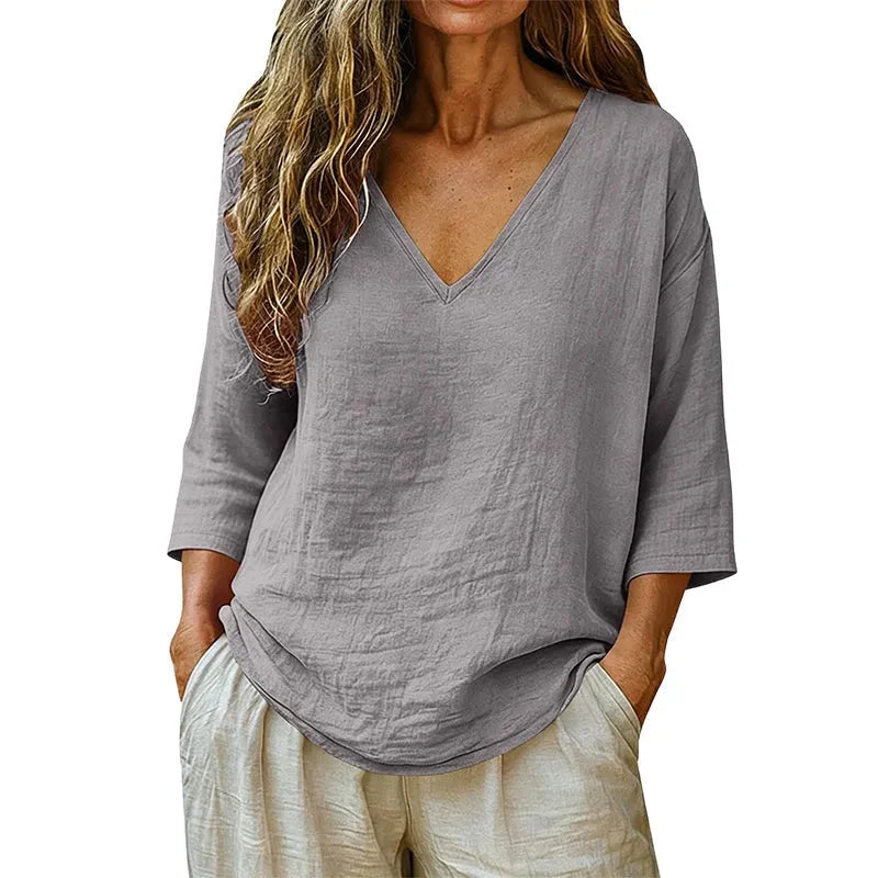 Linnen blouse dames met V-hals in Grijs