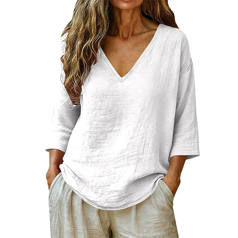 Linnen blouse dames met V-hals in Wit