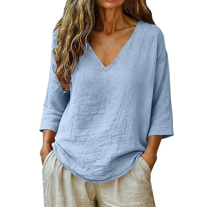 Linnen blouse dames met V-hals in Lichtblauw