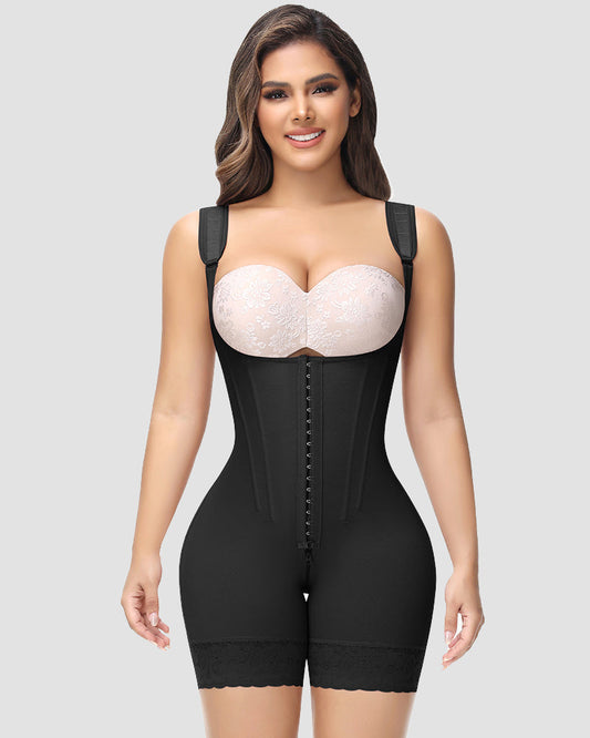 Shapewear body met open buste, baleinen en pijpjes tot halverwege de dij - zwart