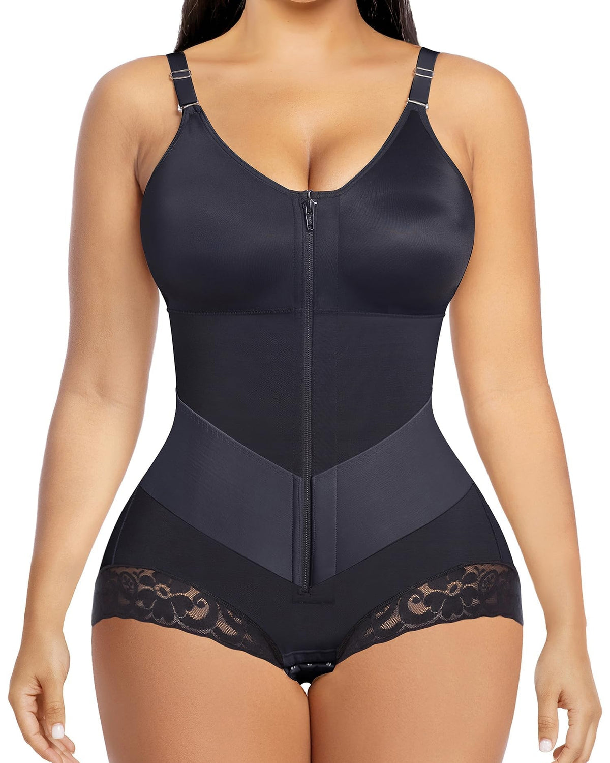 Shapewear body met rits aan de voorkant, V-hals en kanten pijpjes - zwart