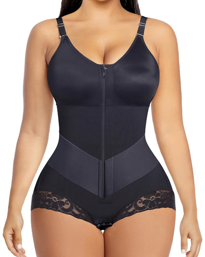 Shapewear body met rits aan de voorkant, V-hals en kanten pijpjes - zwart