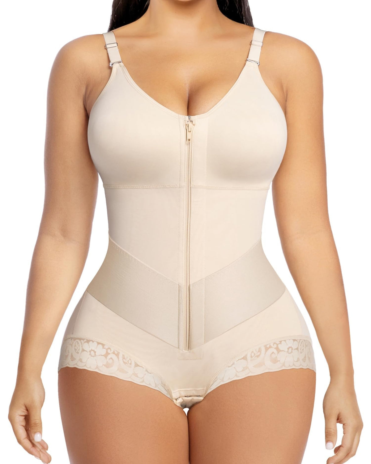 Shapewear body met rits aan de voorkant, V-hals en kanten pijpjes - huidskleur