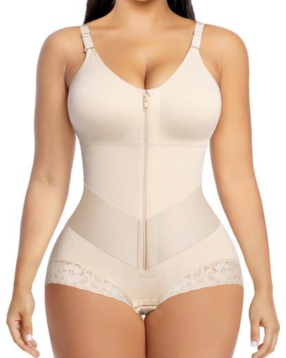 Shapewear body met rits aan de voorkant, V-hals en kanten pijpjes - huidskleur