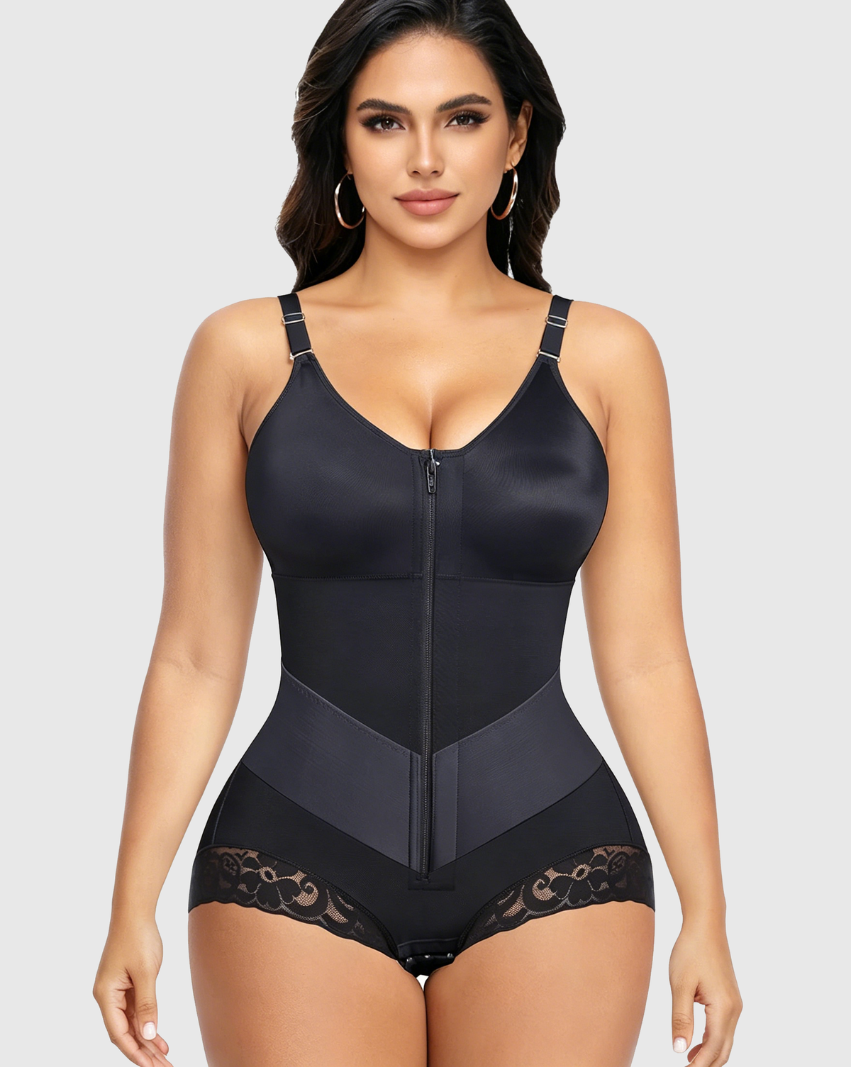 Shapewear body met rits aan de voorkant, V-hals en kanten pijpjes
