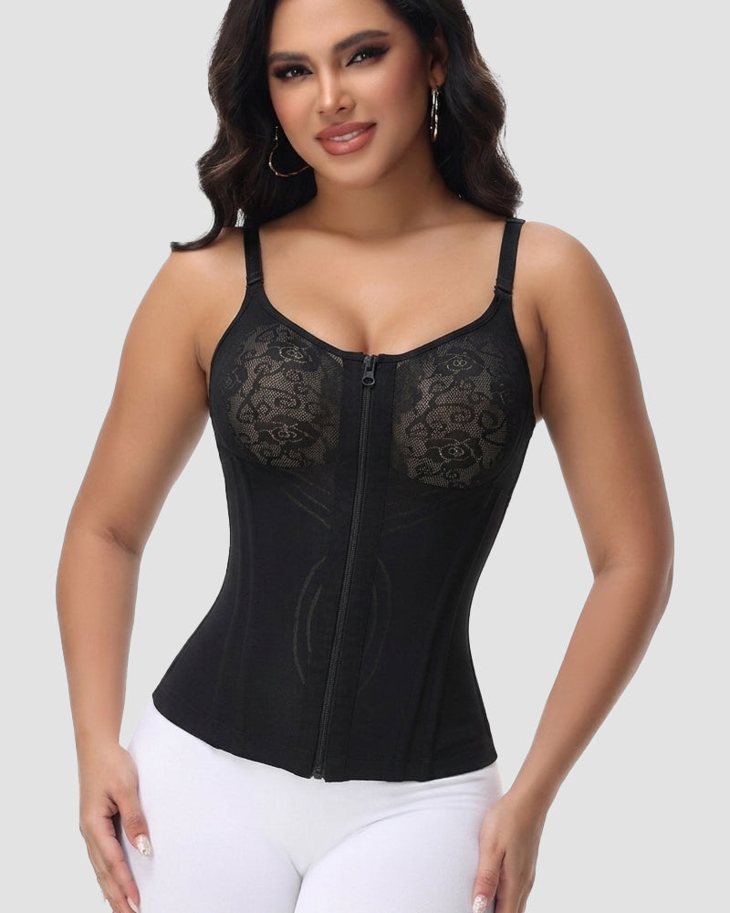 Shapewear hemdtop met kanten cups, rits voor en verstelbare bandjes - zwart