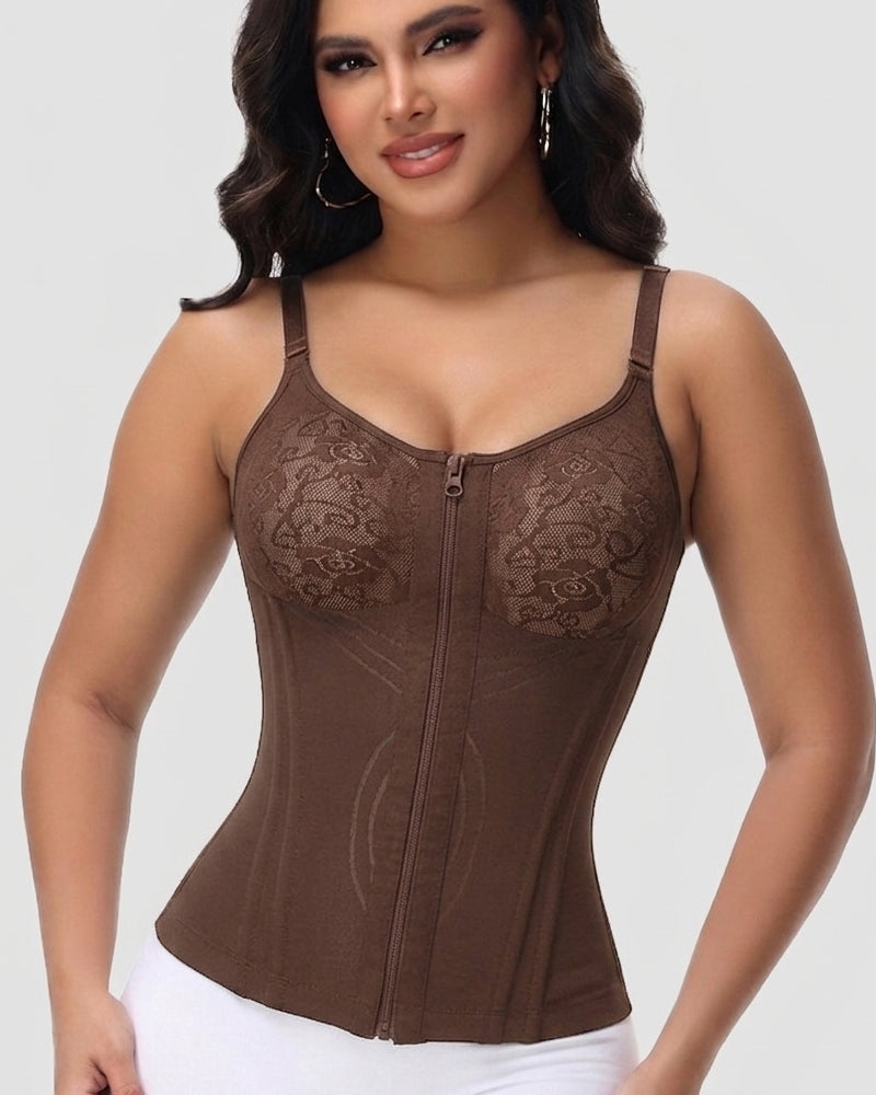 Shapewear hemdtop met kanten cups, rits voor en verstelbare bandjes - mokka