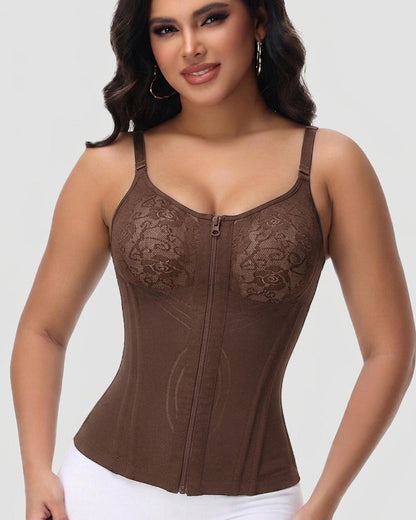 Shapewear hemdtop met kanten cups, rits voor en verstelbare bandjes - mokka