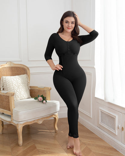 Shapewear jumpsuit met ronde hals, halflange mouwen en lange pijpen - zwart