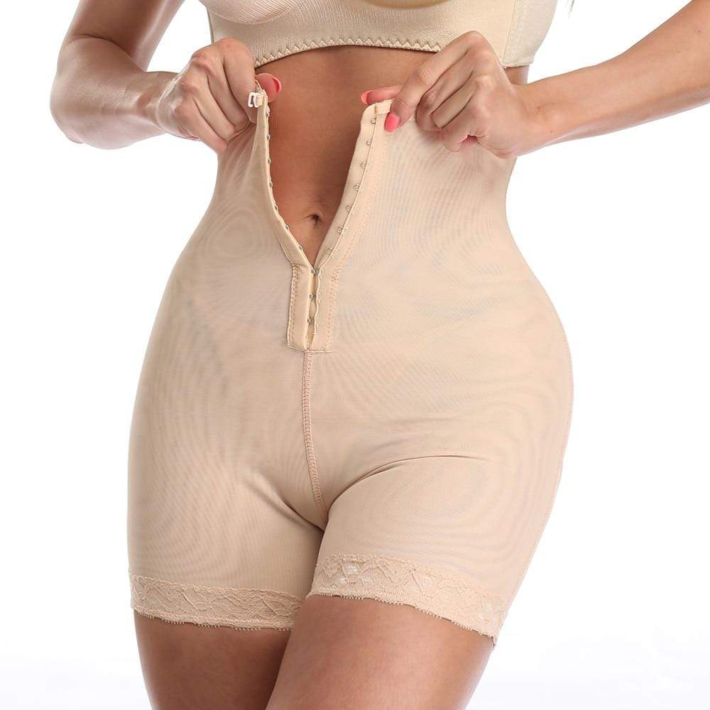 Shapewear short met extra hoge taille, haaksluiting voorop en kanten zoom - huidskleur
