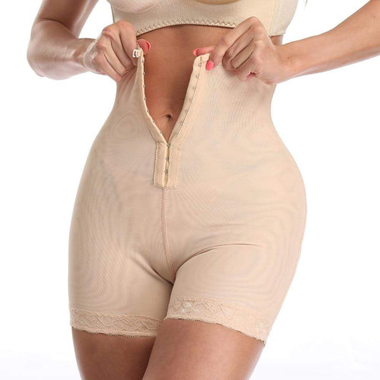 Shapewear short met extra hoge taille, haaksluiting voorop en kanten zoom - huidskleur