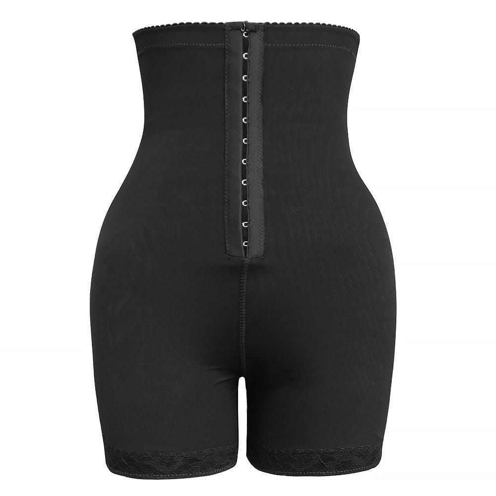 Shapewear short met extra hoge taille, haaksluiting voorop en kanten zoom - zwart