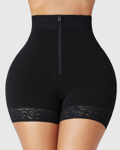 Shapewear short met hoge taille, rits voor en kanten pijpboorden - zwart